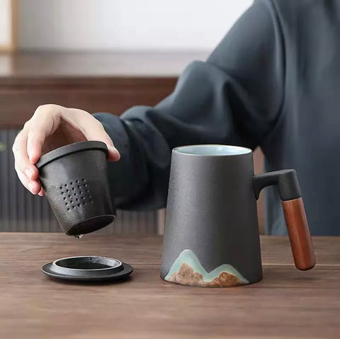 Ceramic Tea Mug with Infuser & Lid – Gray 14oz